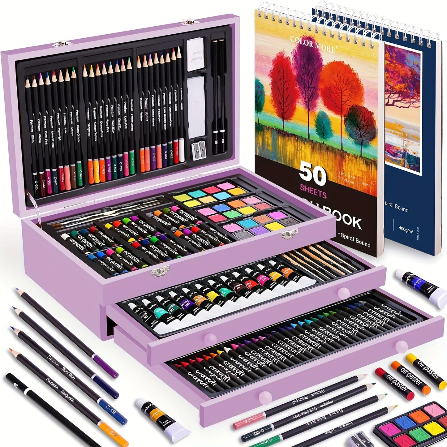 PASAMIC non-toxic art supplies art set with colored pencils, paints, and sketchbooks in a purple storage case.