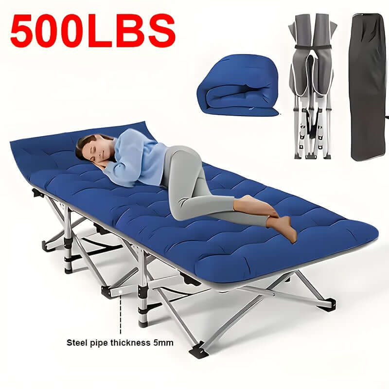 A portable folding guest bed with a blue mattress, shown with a person sleeping, demonstrating its comfort and compact design.