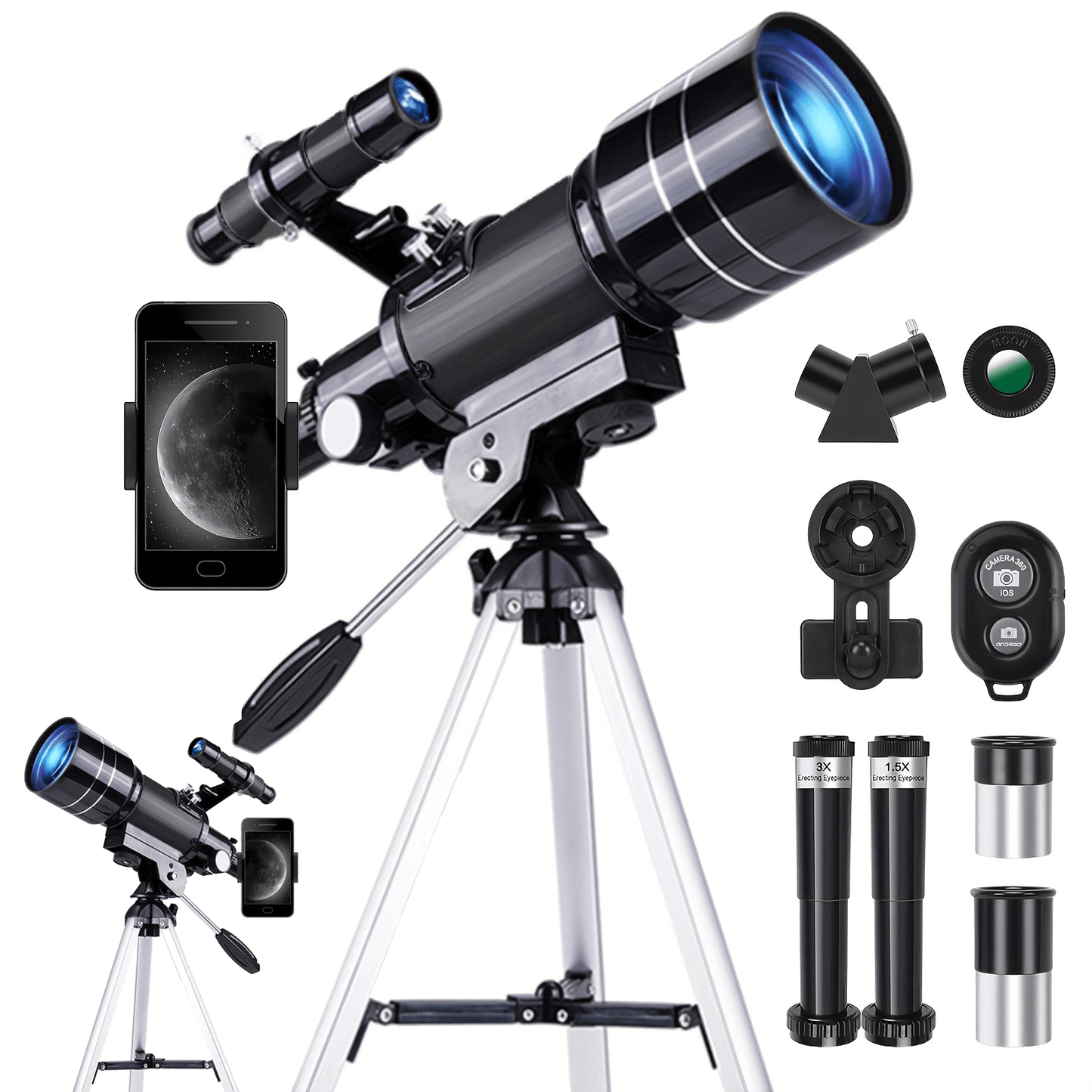 portable 150X telescope with tripod and smartphone holder for stargazing, easy to carry and use.