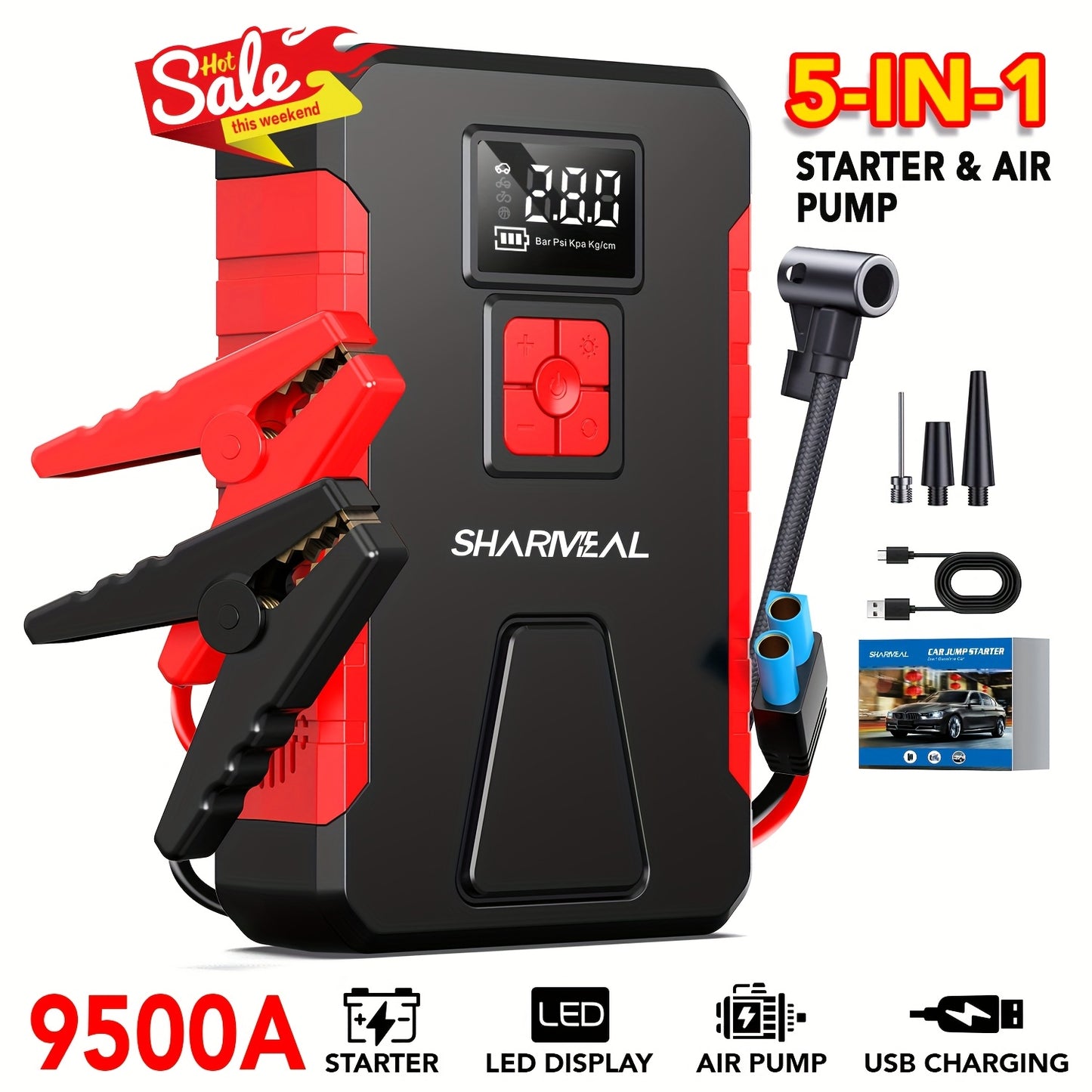 Portable car jump starter with air pump, 9500A power, LED display, and USB charging for all car types.