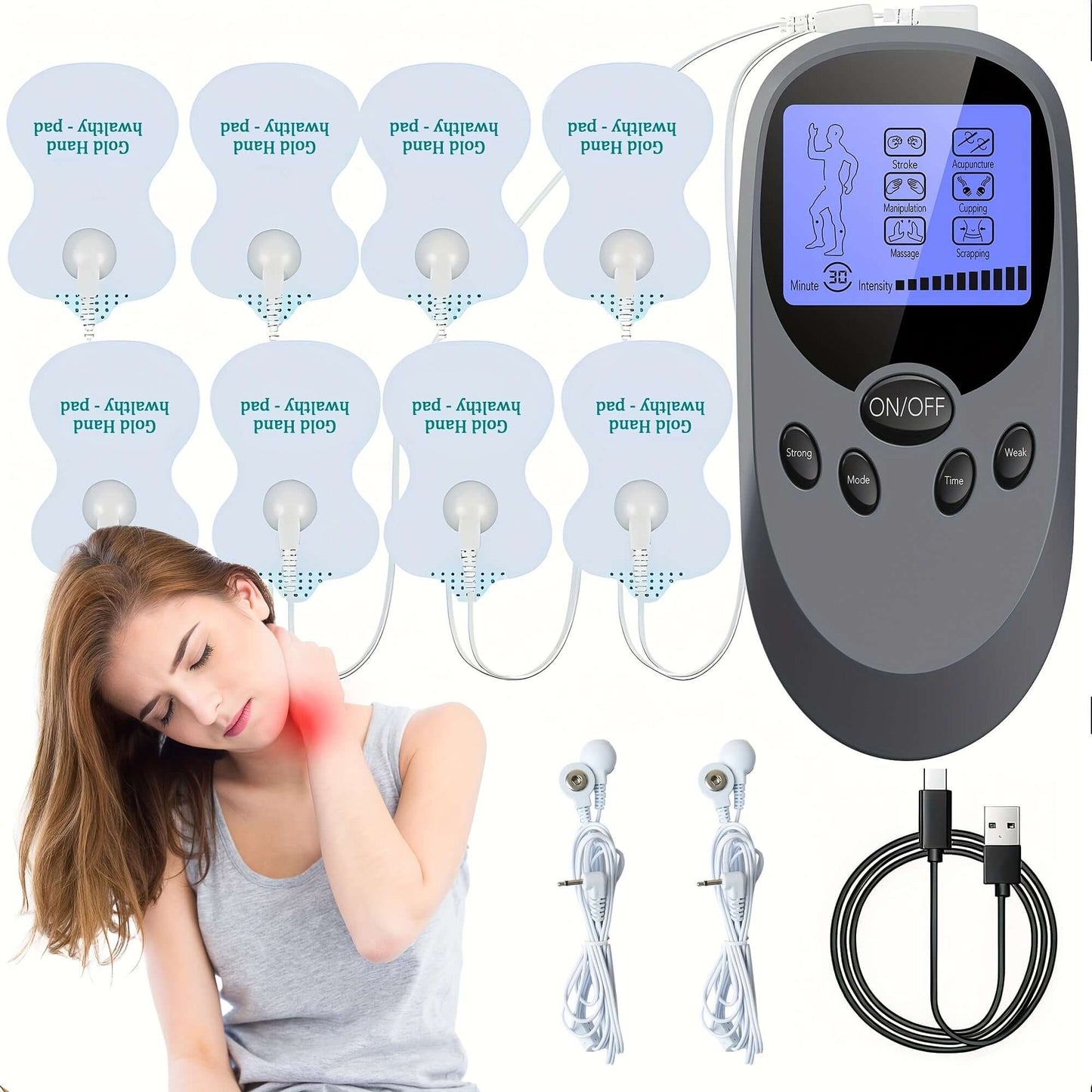 CESLIFF TENS EMS muscle stimulator with pads and accessories for muscle relief and pain management.