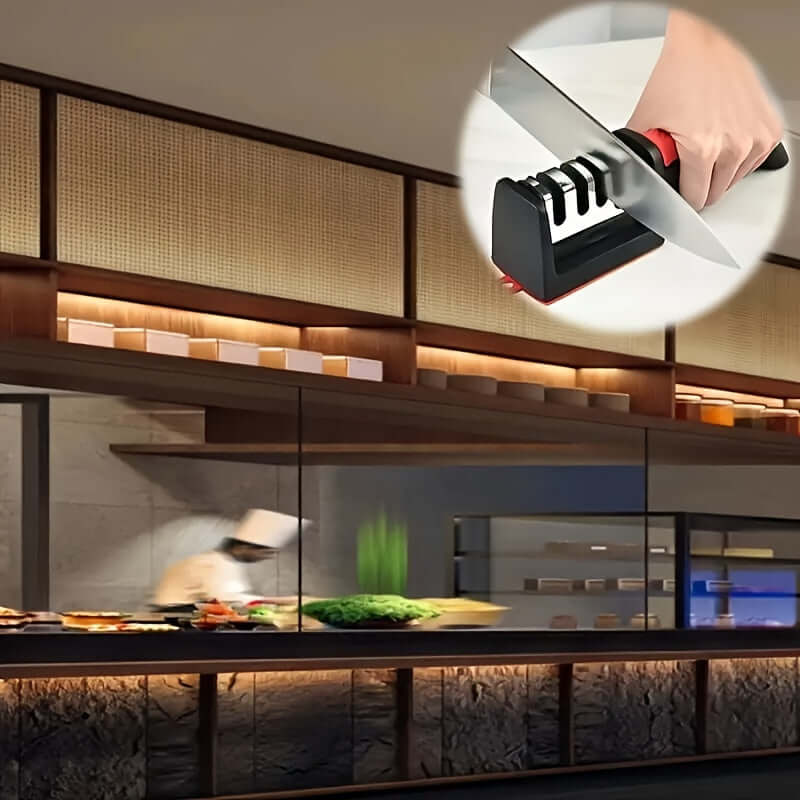 A hand using a professional knife sharpener in a modern kitchen setting with a professional chef.
