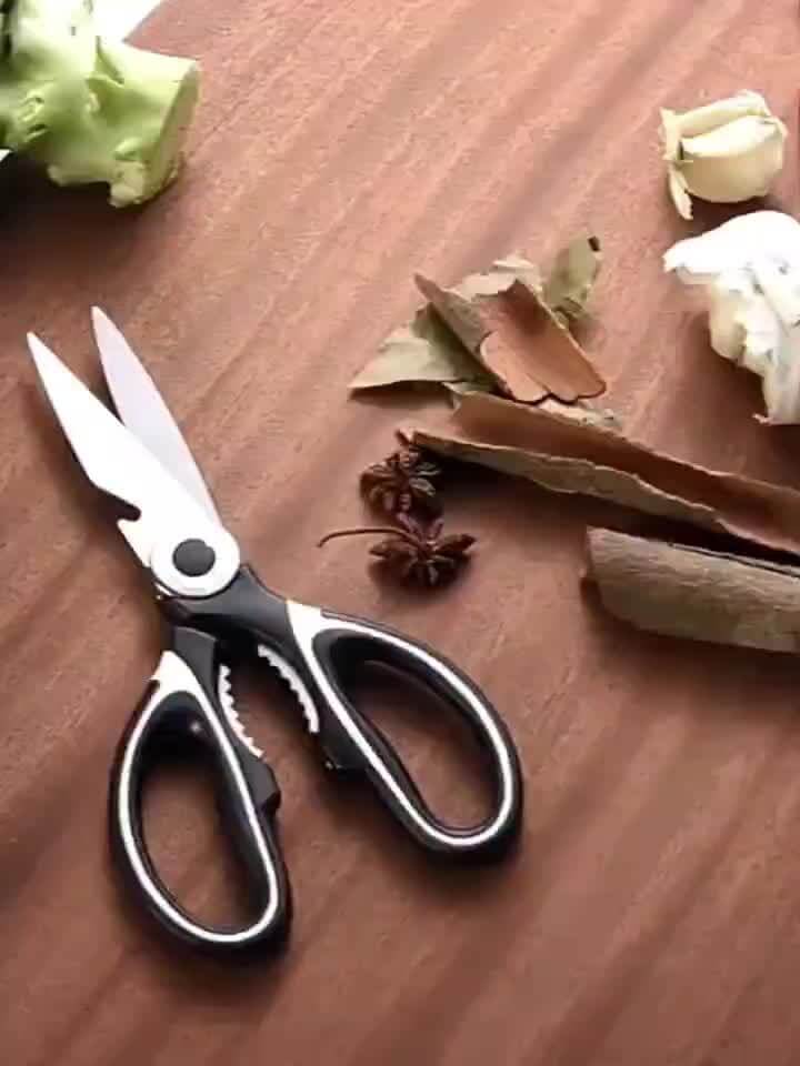 durable stainless steel kitchen shears on a wooden countertop with herbs and vegetables.