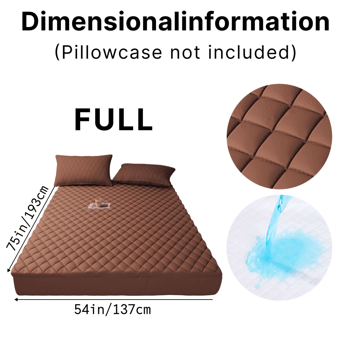 Dimensions of a full-sized ultrasonic embossed polyester fabric specifications with water resistance details.