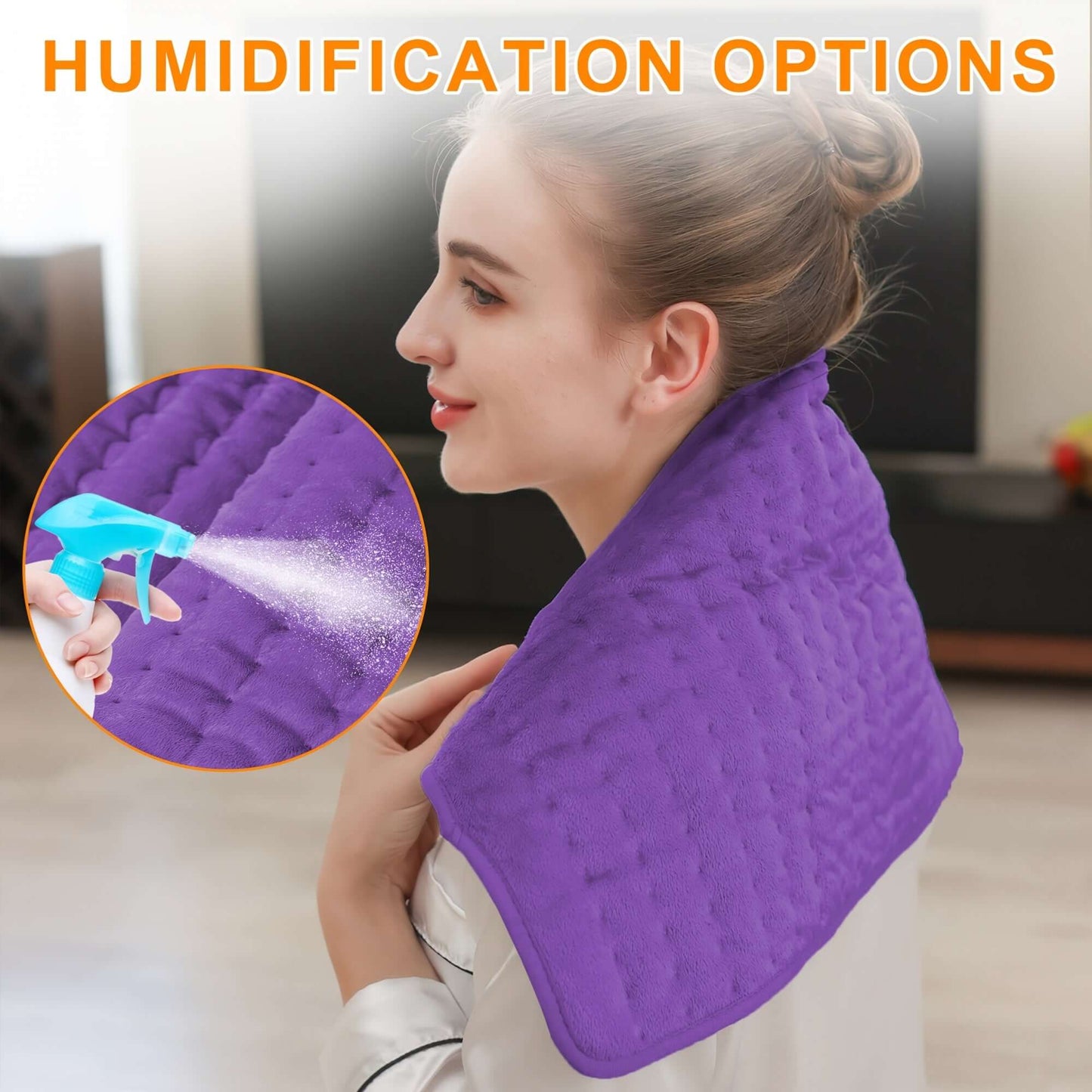 Woman using extra large electric heating pad with humidification options for comfort and relief.
