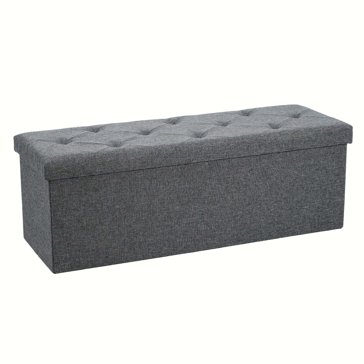 Gray storage ottoman bench with tufted top and spacious interior for organized storage.