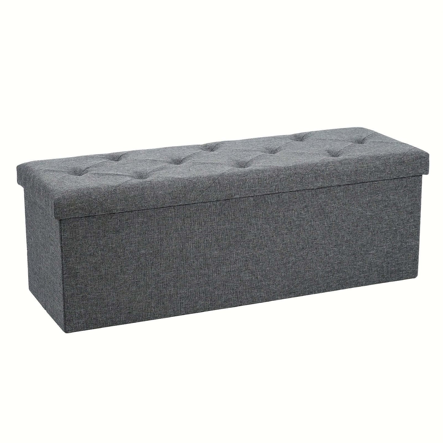 Gray storage ottoman bench with tufted top and spacious interior for organized storage.