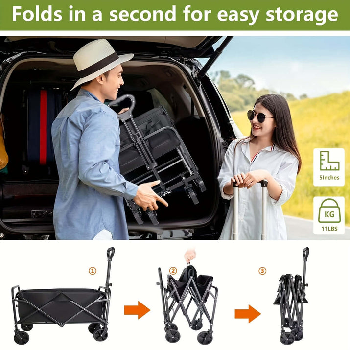 Heavy duty folding cart for outdoor use, showing how it folds for easy storage in a car.