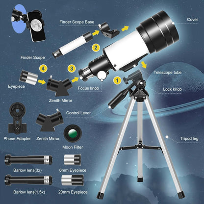 Portable 150X telescope with tripod parts diagram, including finder scope, eyepieces, and zenith mirror.