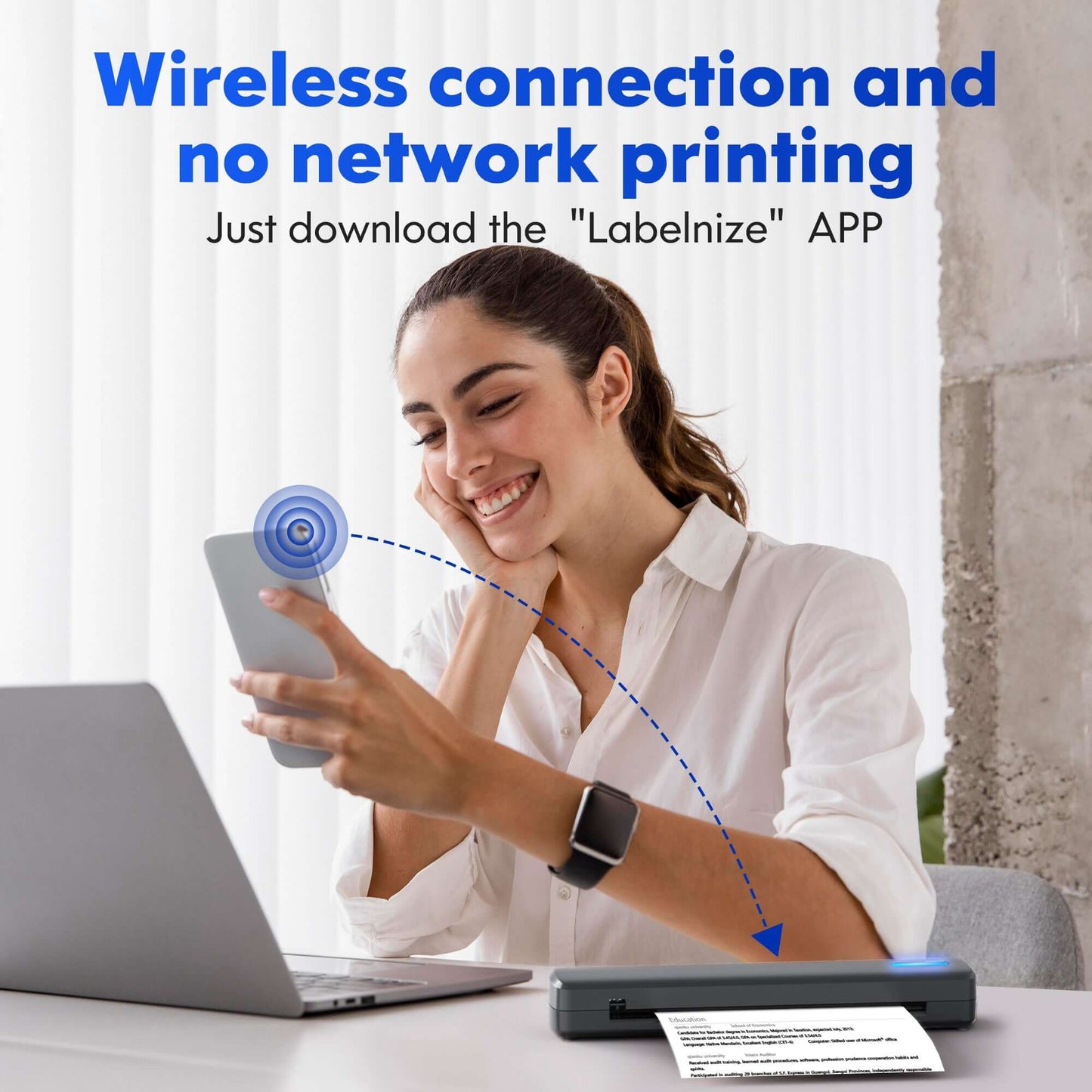 Portable wireless travel printer with wireless connection and app instructions for easy printing.