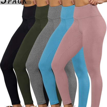 Set of high waisted tummy control leggings in various colors including black, gray, blue, green, and pink.