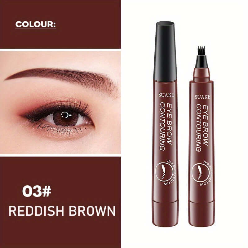 Waterproof eyebrow pen in reddish brown color alongside an eyebrow contouring product for precise application.