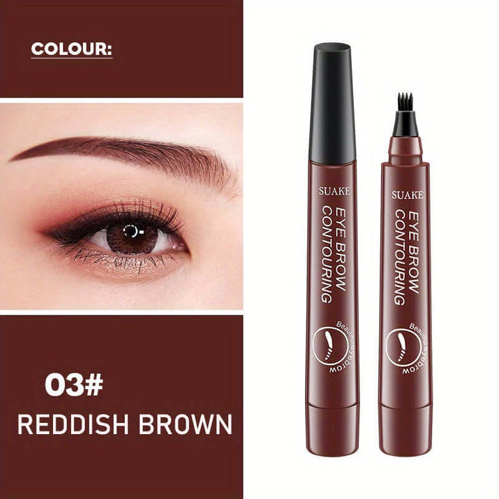 Waterproof eyebrow pen in reddish brown color alongside an eyebrow contouring product for precise application.
