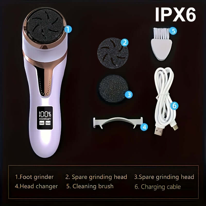 Electric foot callus remover showing accessories including foot grinder, spare heads, cleaning brush, and charging cable.