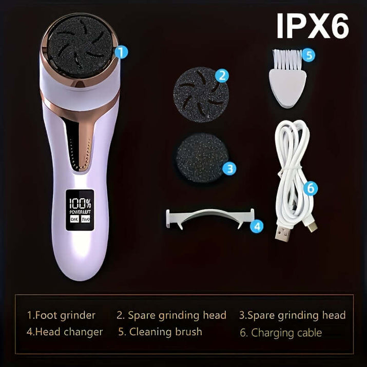 Electric foot callus remover showing accessories including foot grinder, spare heads, cleaning brush, and charging cable.