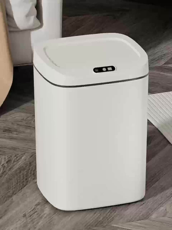 motion-sensor trash can specifications, sleek white design with touchless lid, ideal for modern homes.
