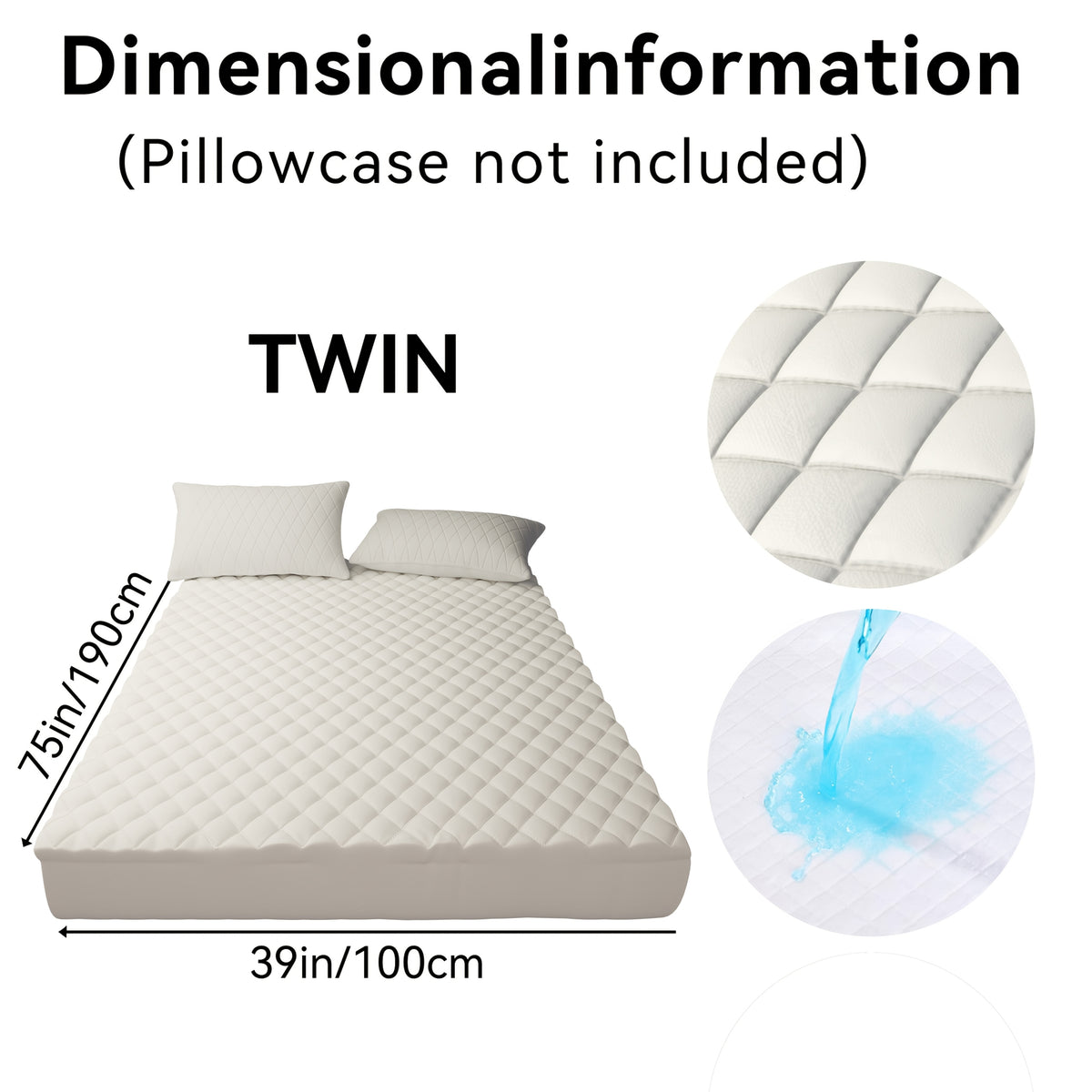 Twin mattress dimensions information, measuring 75in x 39in, pillowcase not included, waterproof design.