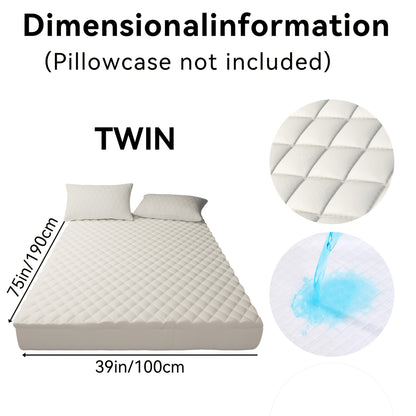 Twin mattress dimensions information, measuring 75in x 39in, pillowcase not included, waterproof design.