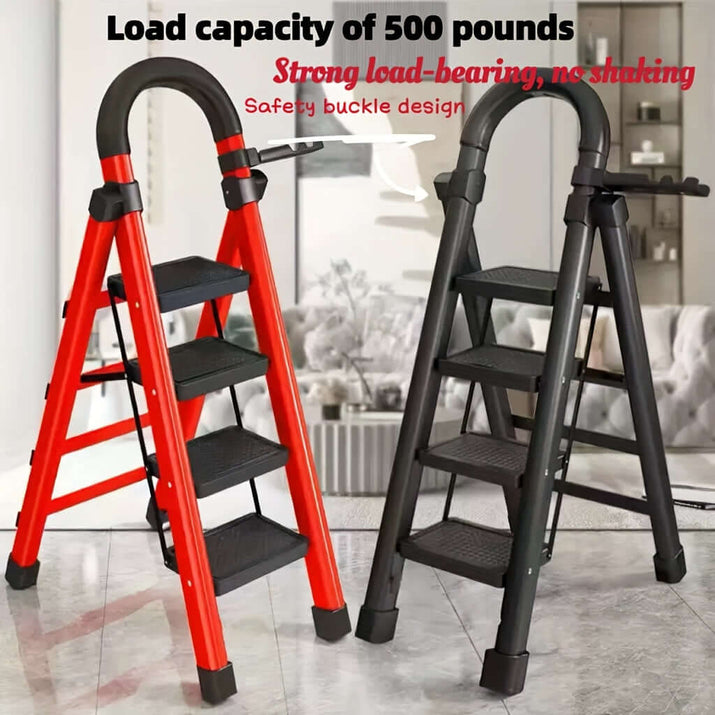 heavy-duty portable folding ladder with strong load capacity, safety buckle design and no shaking.