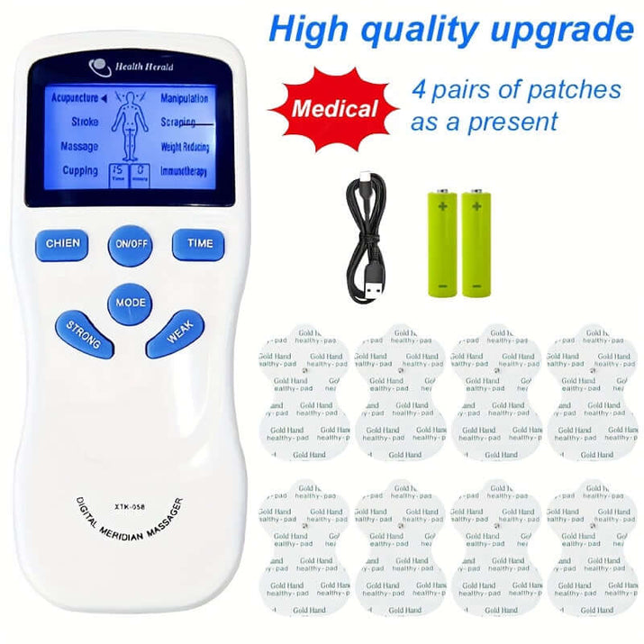 CESLIFF TENS EMS muscle stimulator with screen, patches, and rechargeable batteries for effective muscle relief.