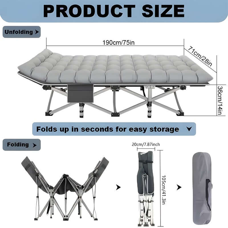 Product size details for portable folding guest bed, showing unfolding and folding dimensions.