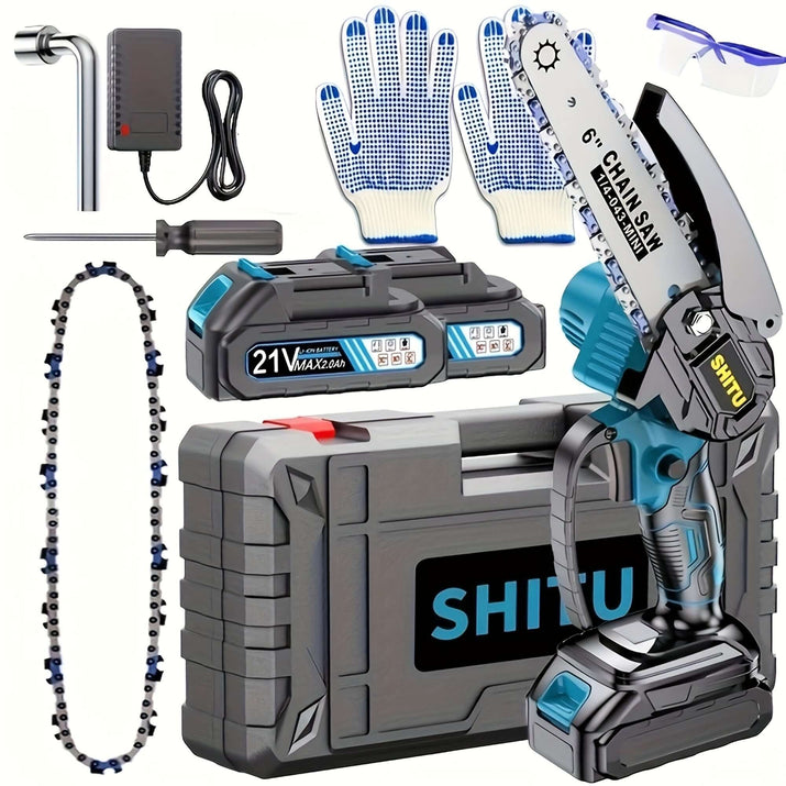 Cordless mini chainsaw kit including battery, charger, gloves, tools, and safety glasses for outdoor activities.