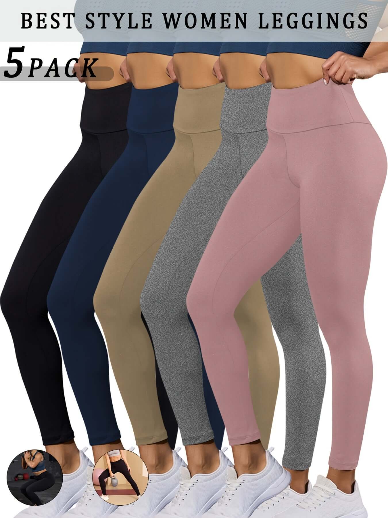 high waisted tummy control leggings in a 5 pack, featuring various colors and styles for women.