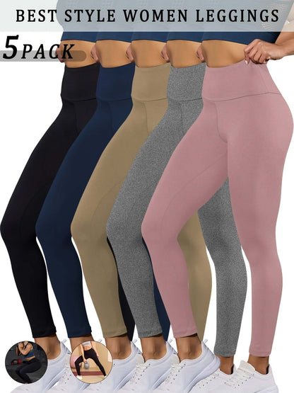high waisted tummy control leggings in a 5 pack, featuring various colors and styles for women.