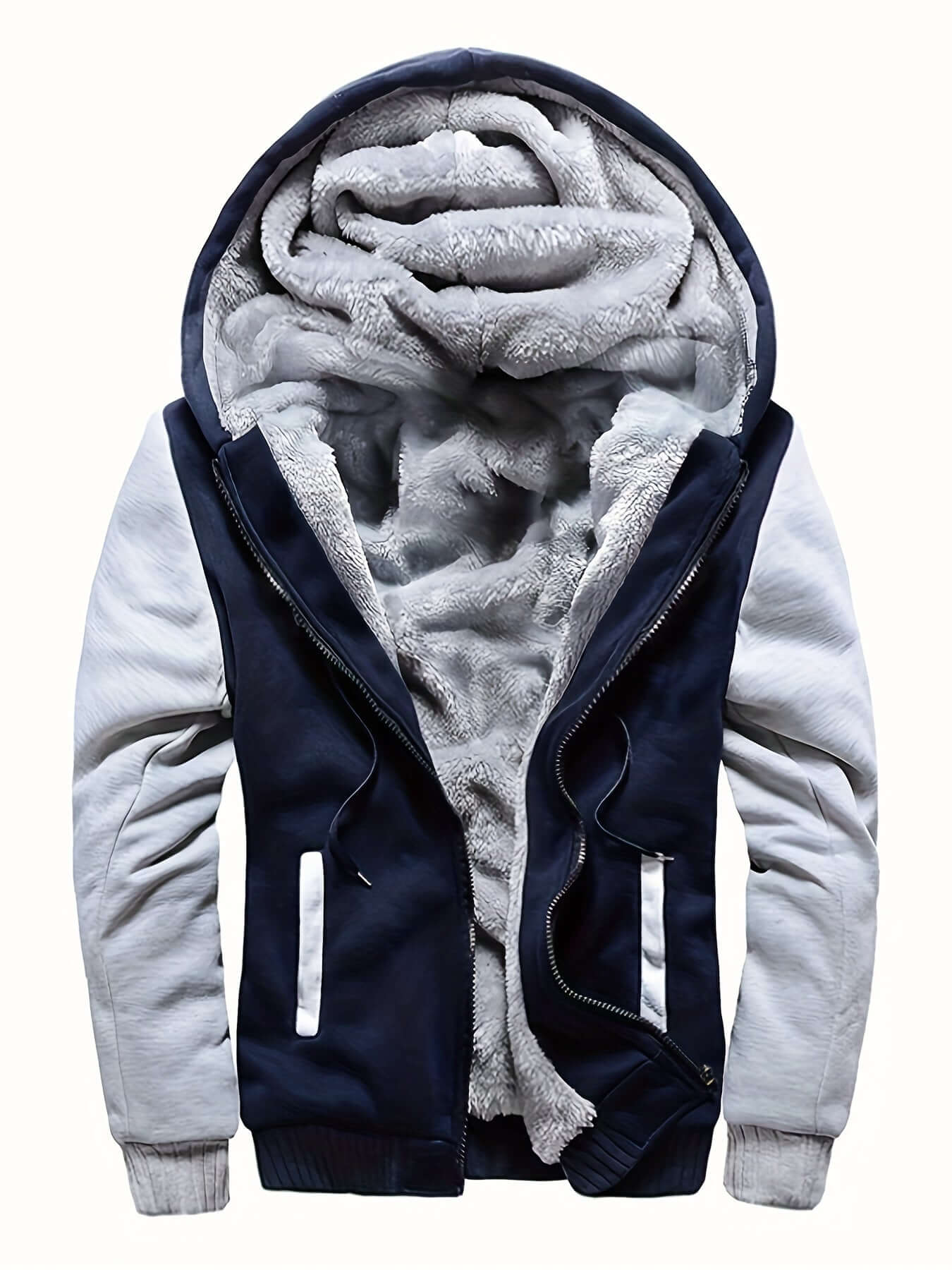Men's hooded jacket specifications, featuring a cozy fleece-lined interior and stylish navy and gray design.