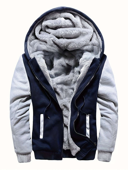 Men's hooded jacket specifications, featuring a cozy fleece-lined interior and stylish navy and gray design.