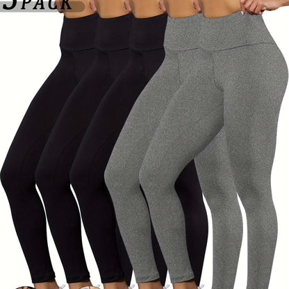 Three pack of high waisted tummy control leggings in black and gray styles.