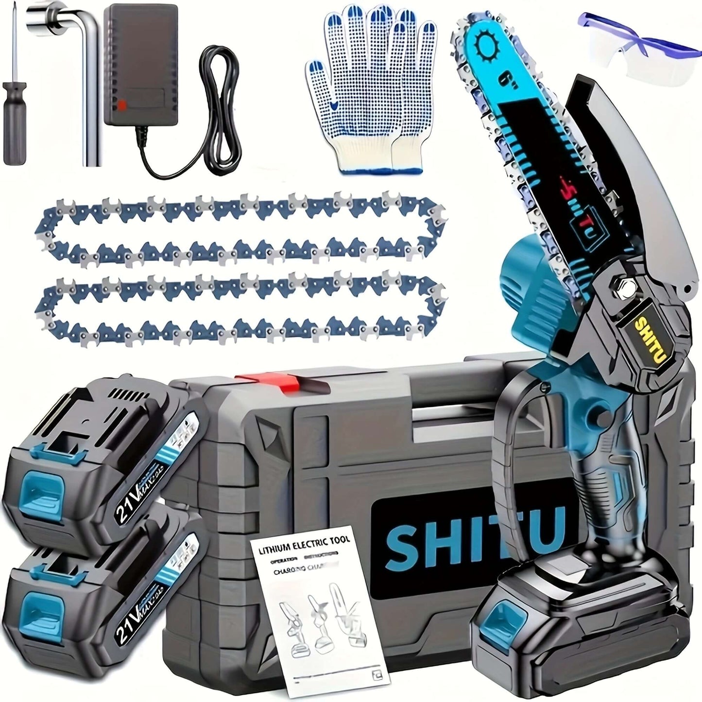 cordless mini chainsaw with accessories including battery, charger, gloves, and chains for outdoor activities