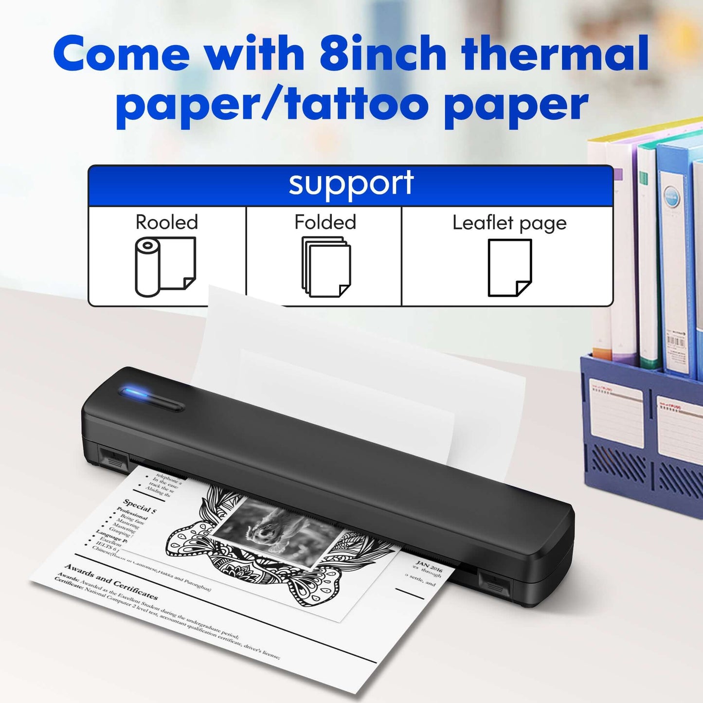 Portable wireless travel printer with 8-inch thermal paper support and leaflet page options.