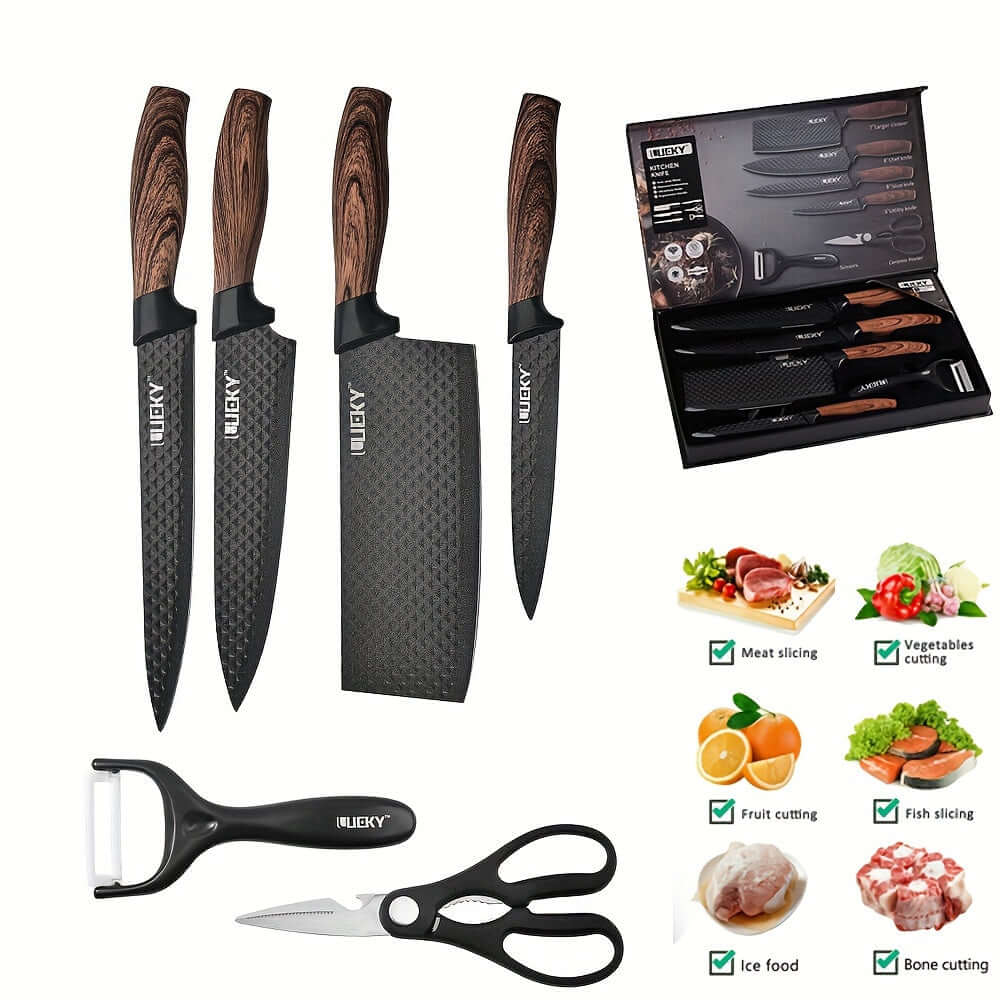 Professional kitchen knife set including a variety of knives, a peeler, and kitchen scissors for versatile food preparation.