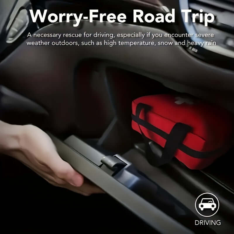 Portable first aid kit for outdoor activities stored in a car for driving safety during severe weather conditions.