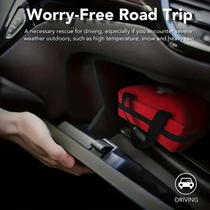 Portable first aid kit for outdoor activities stored in a car for driving safety during severe weather conditions.
