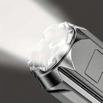 High-power zoom flashlight emitting a bright beam of light against a dark background.