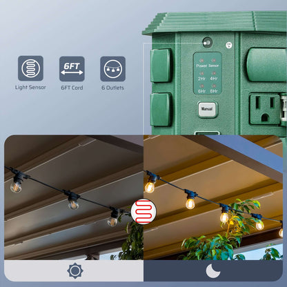 Dewenwils power stake timer for holiday lights with light sensor, 6ft cord, and 6 outlets.