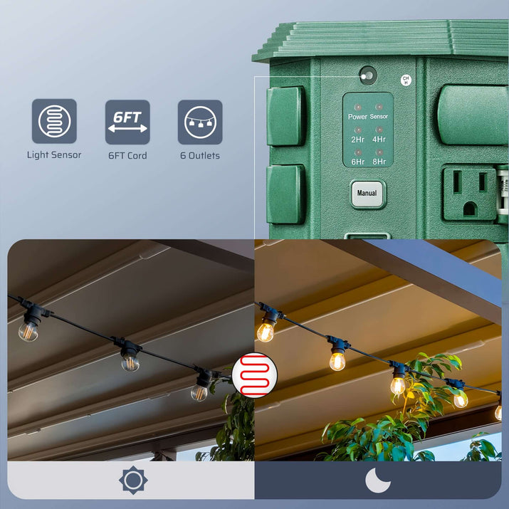 Dewenwils power stake timer for holiday lights with light sensor, 6ft cord, and 6 outlets.