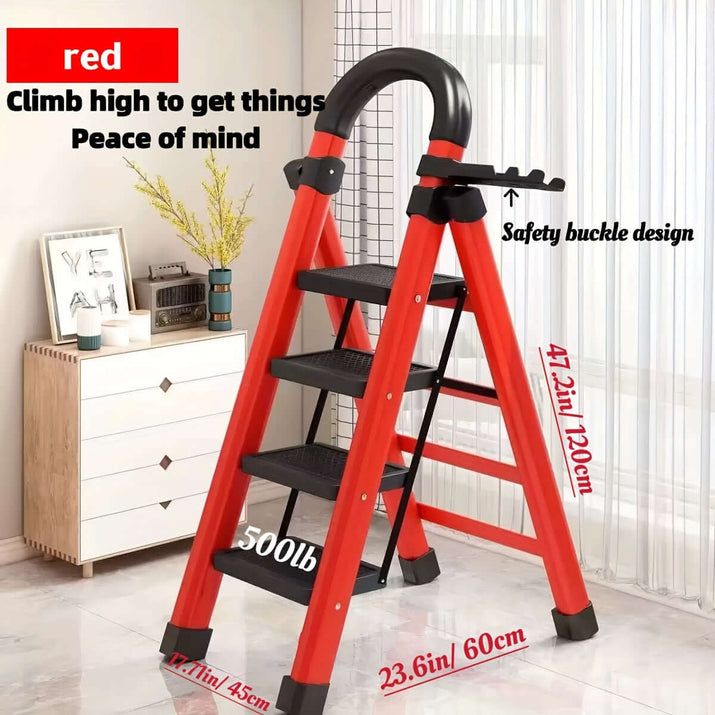 Heavy-duty portable folding ladder with safety buckle, red, strong support for climbing, 500lb capacity.