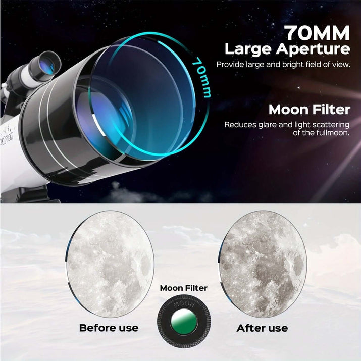 Portable 150X telescope with tripod, featuring a 70mm aperture and moon filter for enhanced viewing.