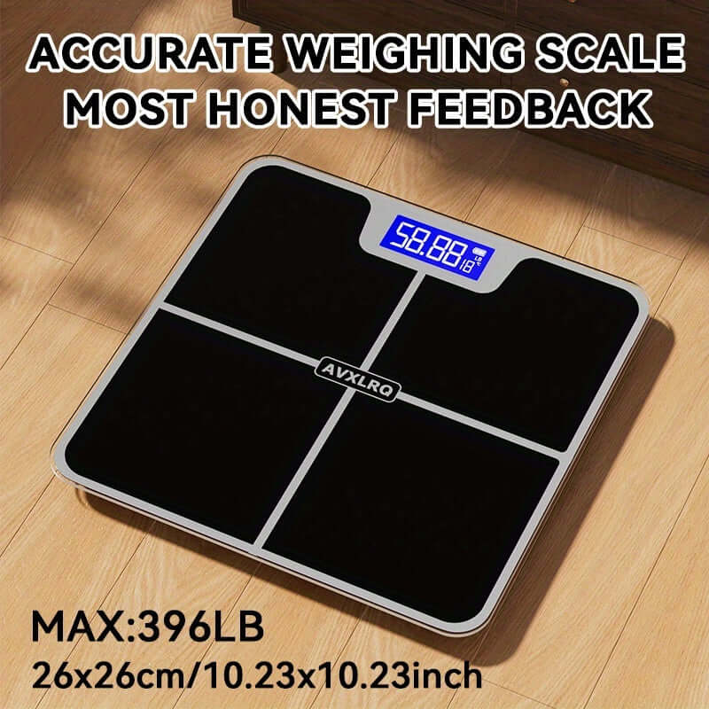 high-precision digital bathroom scale displaying weight of 58.8 on blue screen, square design, accurate weighing