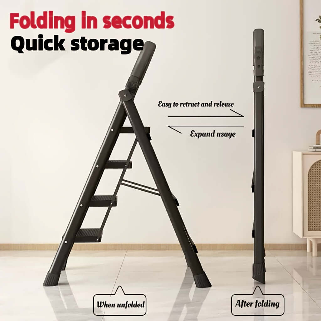 heavy-duty portable folding ladder showcasing quick storage and easy folding features in a modern home setting.