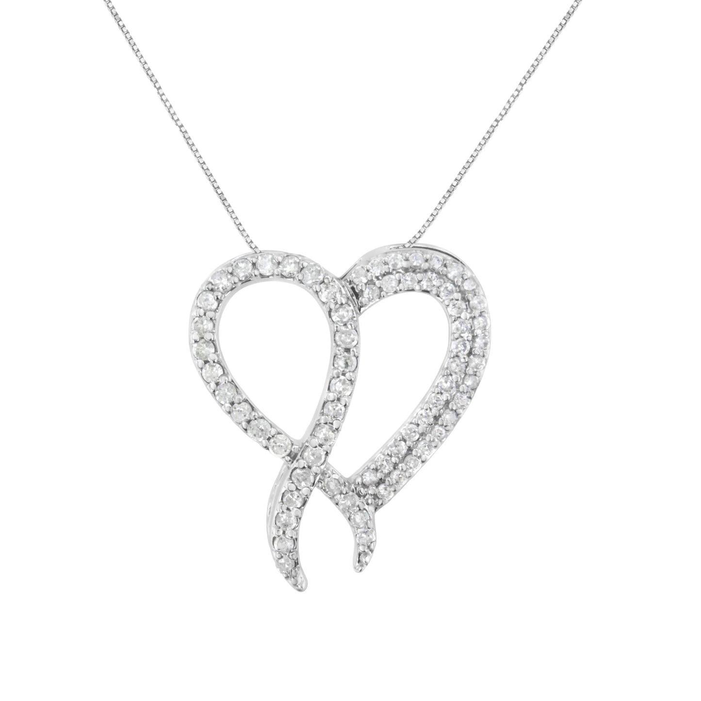 .925 Sterling Silver 1 cttw Diamond Heart and Ribbon 18" Pendant Necklace (I-J Clarity, I2-I3 Color) - 18"-0