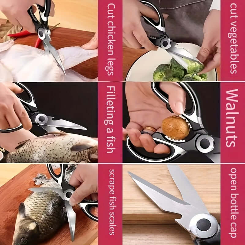 durable stainless steel kitchen shears used for cutting chicken, fish, vegetables, and opening walnuts.