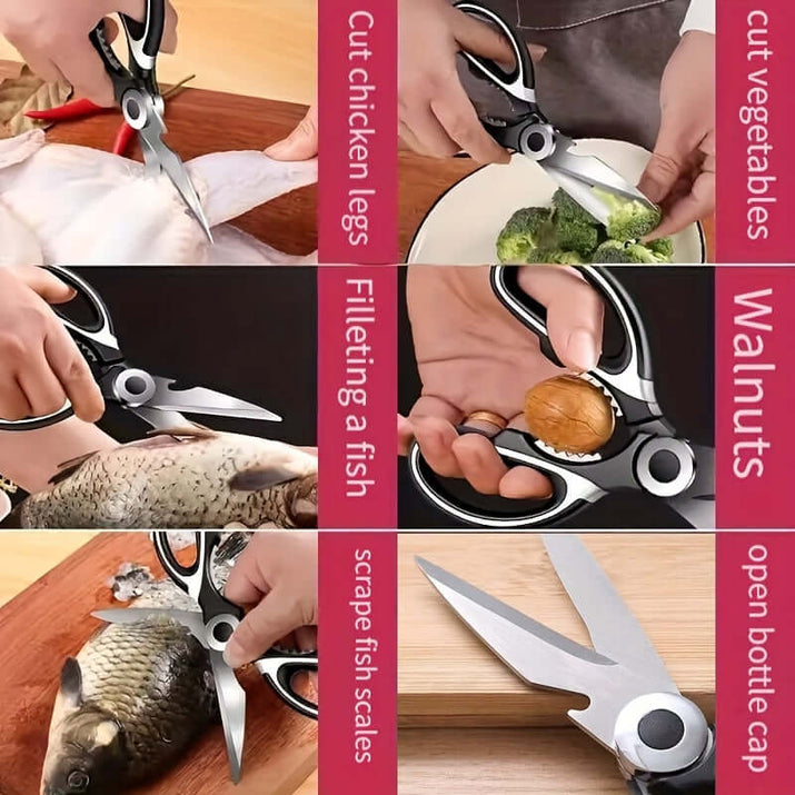 durable stainless steel kitchen shears used for cutting chicken, fish, vegetables, and opening walnuts.