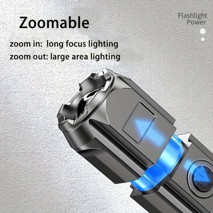 high-power zoom flashlight showcasing zoomable features for focused and wide-area lighting.