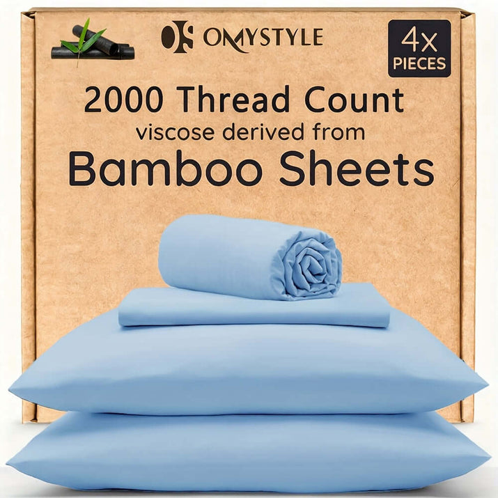 Bamboo cooling bedding set featuring 2000 thread count viscose derived from bamboo sheets in light blue.