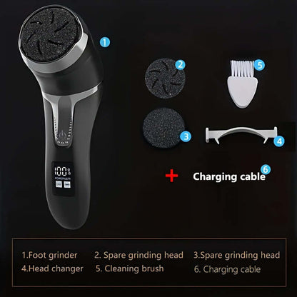 Electric foot callus remover components including foot grinder, spare heads, cleaning brush, and charging cable.