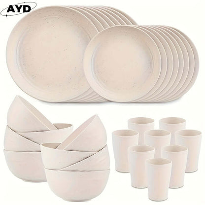 Wheat straw dinnerware set featuring bowls, plates, and cups, lightweight and eco-friendly design.